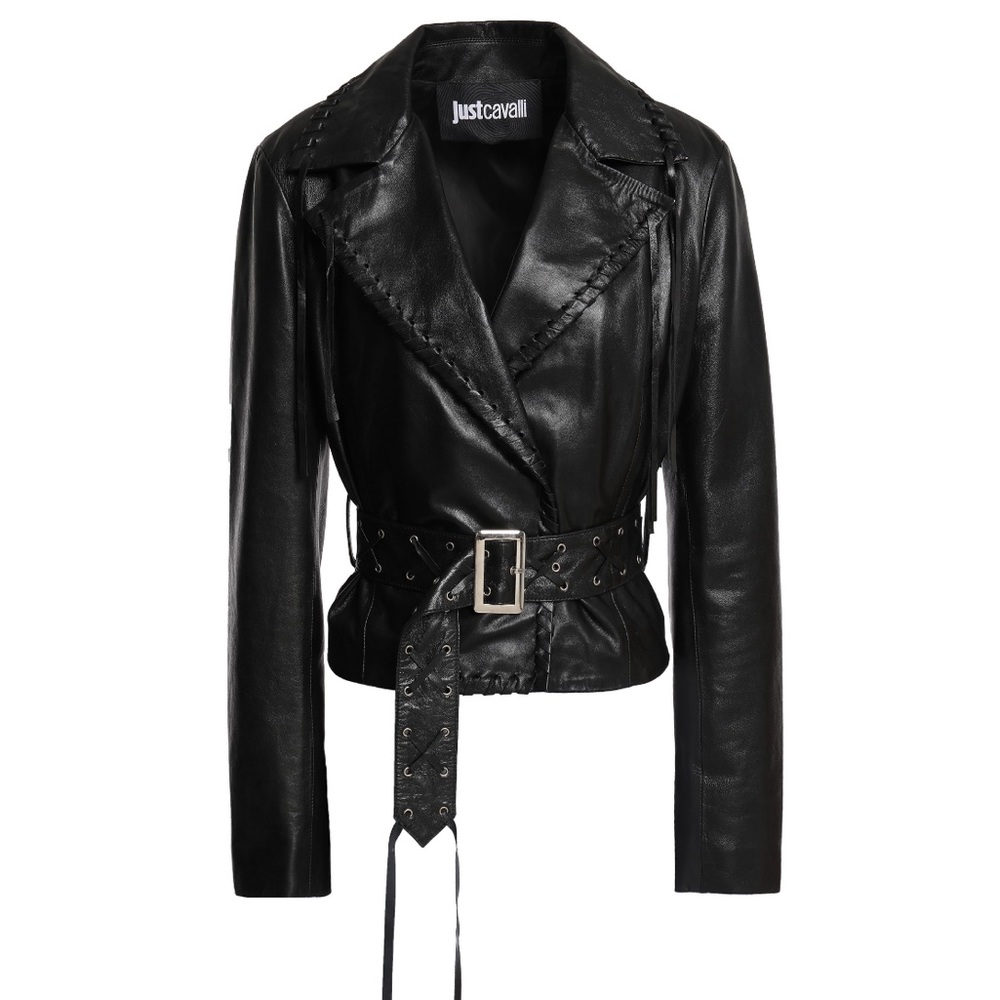 Black leather jacket with fringe Cavalli